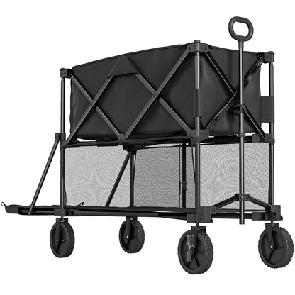 Outsunny Double Decker Folding Festival Trolley on Wheels, 200KG & 350L Capacity Collapsible Wagon Festival Trolley Cart with 134cm Extended for Camping Sports Shopping Garden and Beach, Black