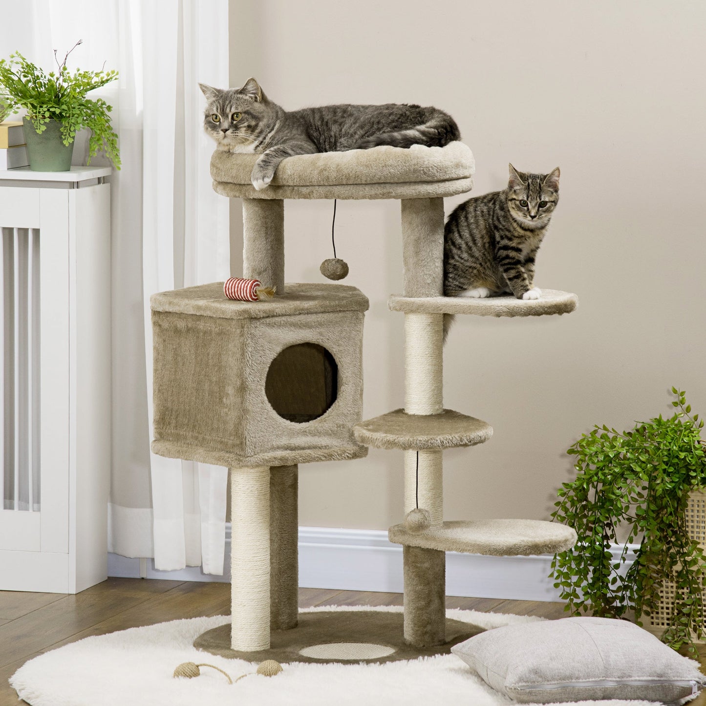 PawHut Cat Tree w/ Multiple Levels, Cat House, Bed and Toy Ball - Brown