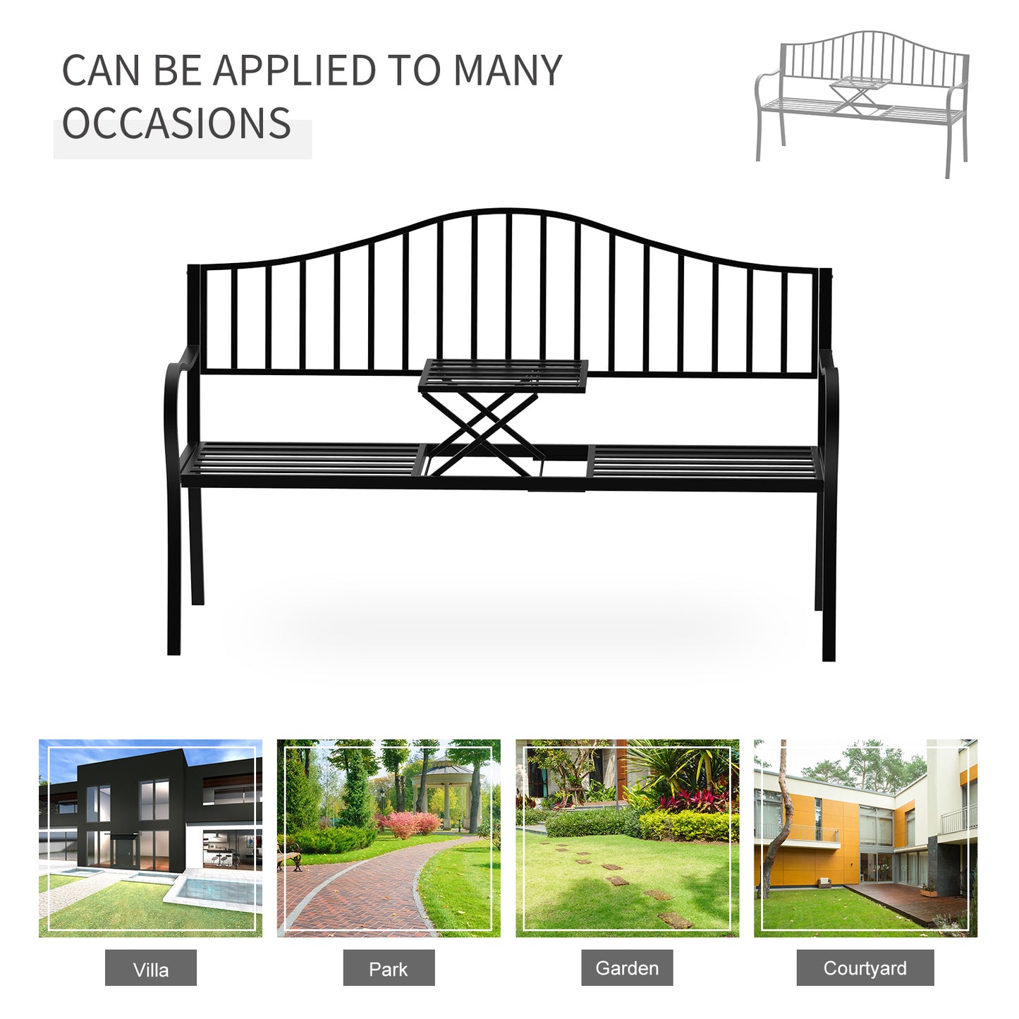 Outsunny Metal Bench W/Table, 150Lx53Wx95H cm