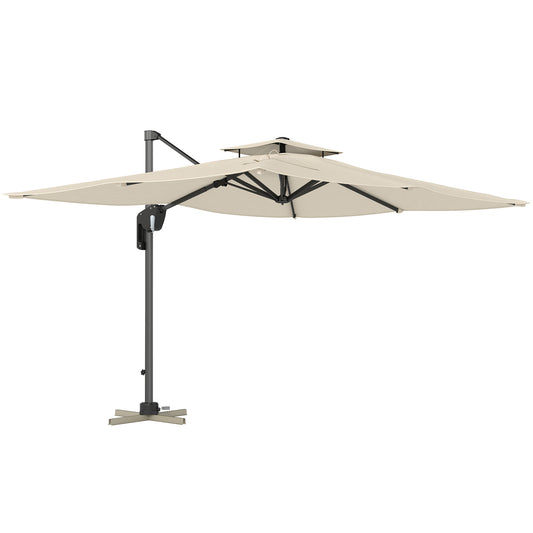 Outsunny 3,7 x 2,7 m parasol wysięgnikowy z obrotem 360√∞ i łatwą regulacją nachylenia, aluminiowy wiszący parasol ogrodowy z podwójnym dachem i podstawą krzyżową, wiszący parasol przeciwsłoneczny UPF50+, czarny
