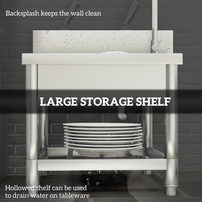 HOMCOM Outdoor Utility Sink, Stainless Steel Free Standing Single Bowl Kitchen Sink with Cold and Hot Water Pipe and Storage Shelf for Laundry Garage, 55 x 50 x 100 cm