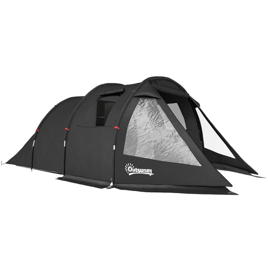 Outsunny 3-4 Man Tunnel Tent, dwupokojowy namiot kempingowy z oknami i pokrowcami, przenośna torba transportowa, do wędkowania, wędrówek, sportu, festiwali - czarny