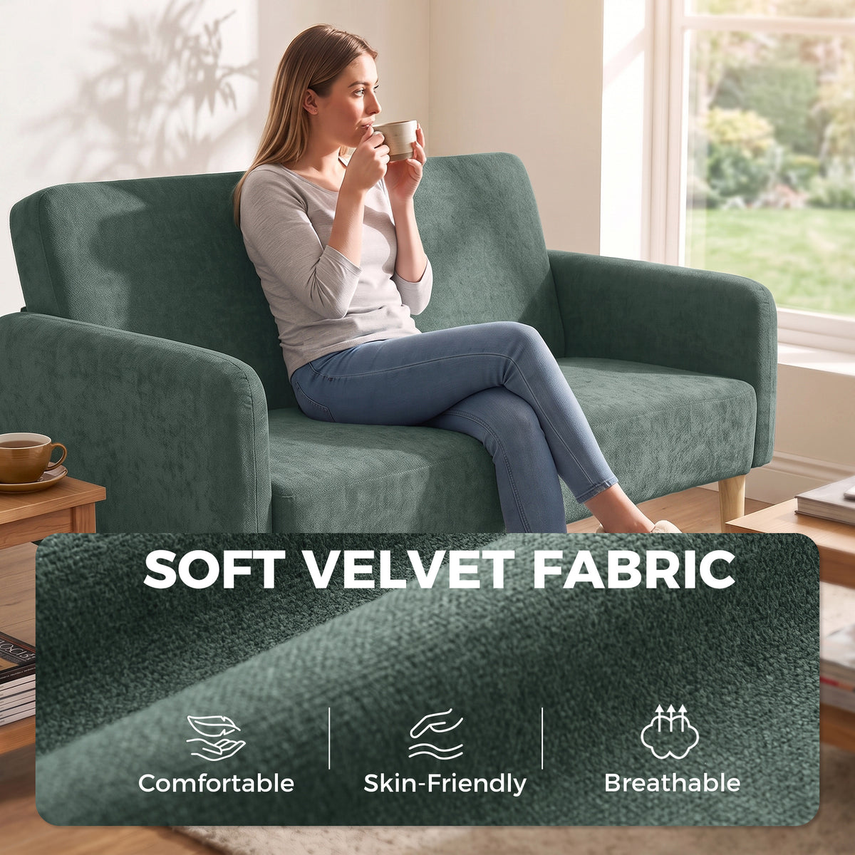 HOMCOM 2 Seater Sofa, Velvet Small Couch with 20cm Thick Padding, Wide and Deep Seat, Dark Green