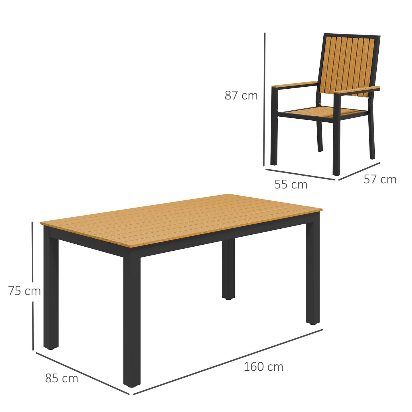 Zestaw mebli ogrodowych Outsunny 6 Seater Garden Dining Set z krzesłami składanymi, aluminiowa rama, prostokątny plastikowy blat, zestaw mebli ogrodowych, stół jadalny i krzesła na patio, balkon, przy basenie, drewno naturalne