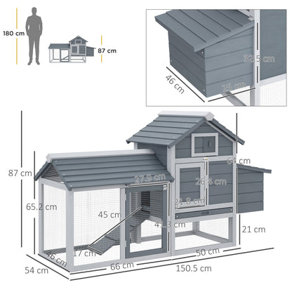 PawHut Small Chicken Coop with Run Hen House Poultry Coops Cages Nesting Box Grey 150.5 x 54 x 87cm