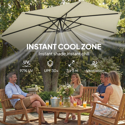 Outsunny 3 m Garden Cantilever Parasol with Cross Base, Sandbag, 360 degrees Rotating Overhanging Banana Umbrella, Beige