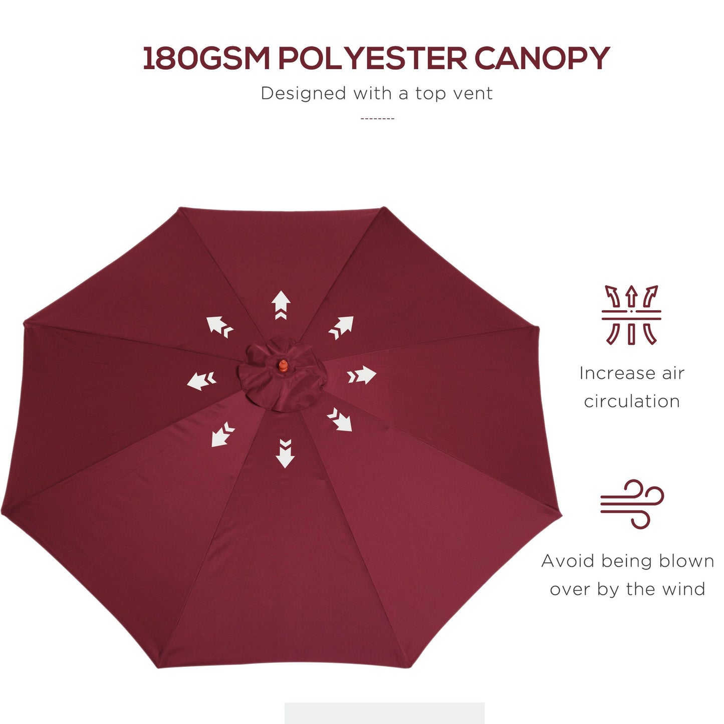 Outsunny ⌀3m Bamboo Wooden Market Patio Umbrella Garden Parasol Outdoor Sunshade Canopy, 8-ribs,Wine Red