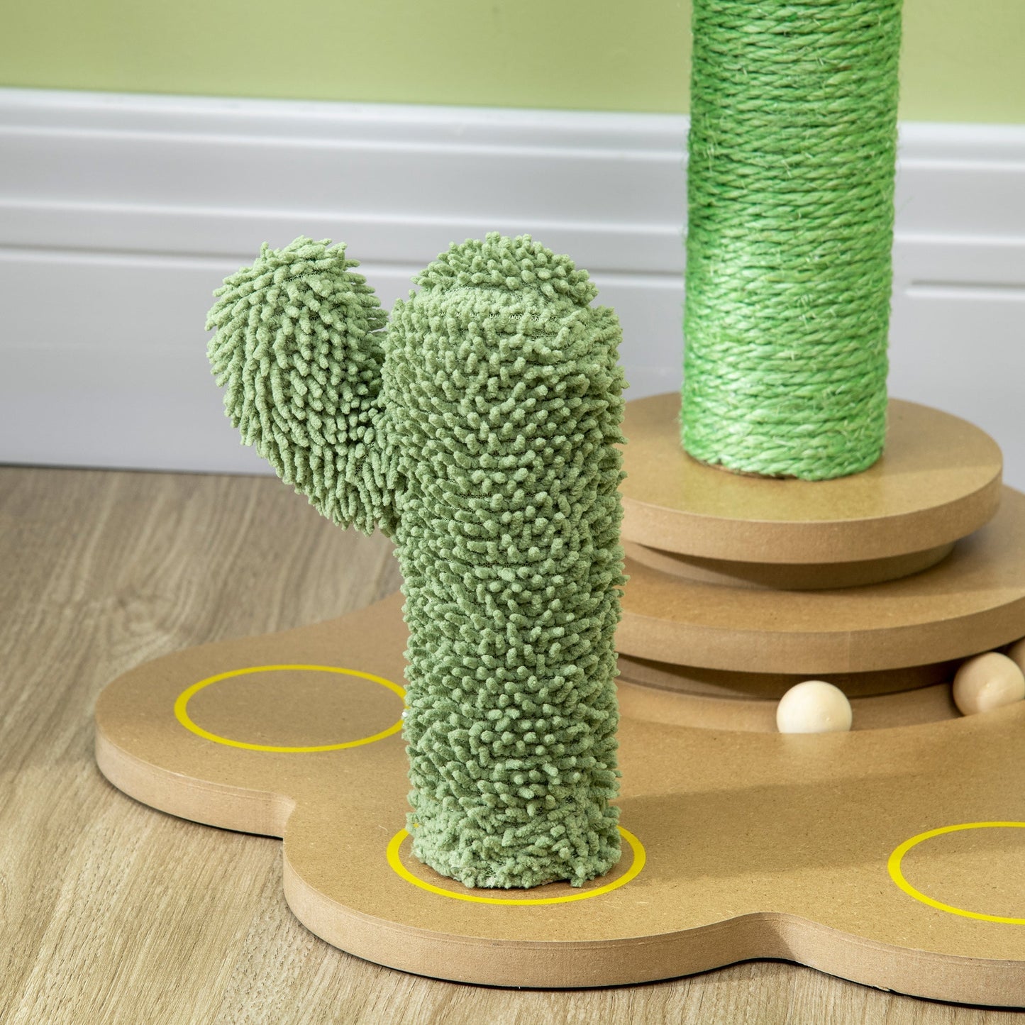 PawHut 60cm Cactus-shaped Cat Tree, Kitty Activity Center with Turntable Interactive Ball Toys, Chenille Cat Tower, Green