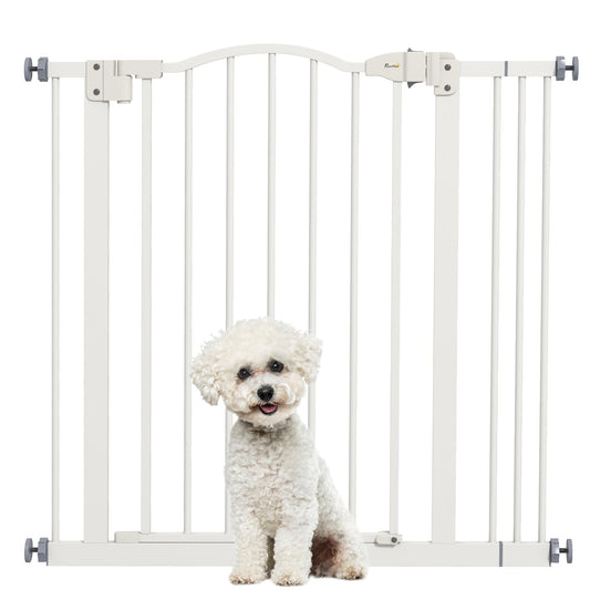 PawHut Metal 74-87cm Adjustable Pet Gate Safety Barrier w/ Auto-Close Door White