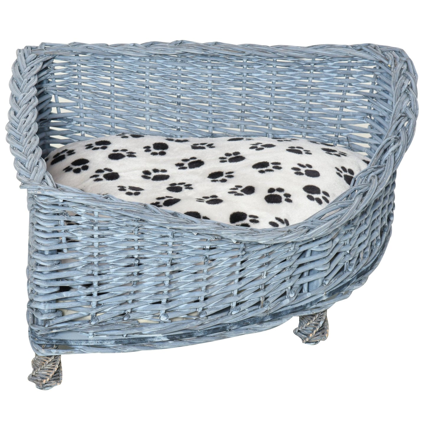 PawHut Wicker Dog Corner Basket Pet Bed Sofa Couch with Soft Plush Cushion Elevated Base Grey w/