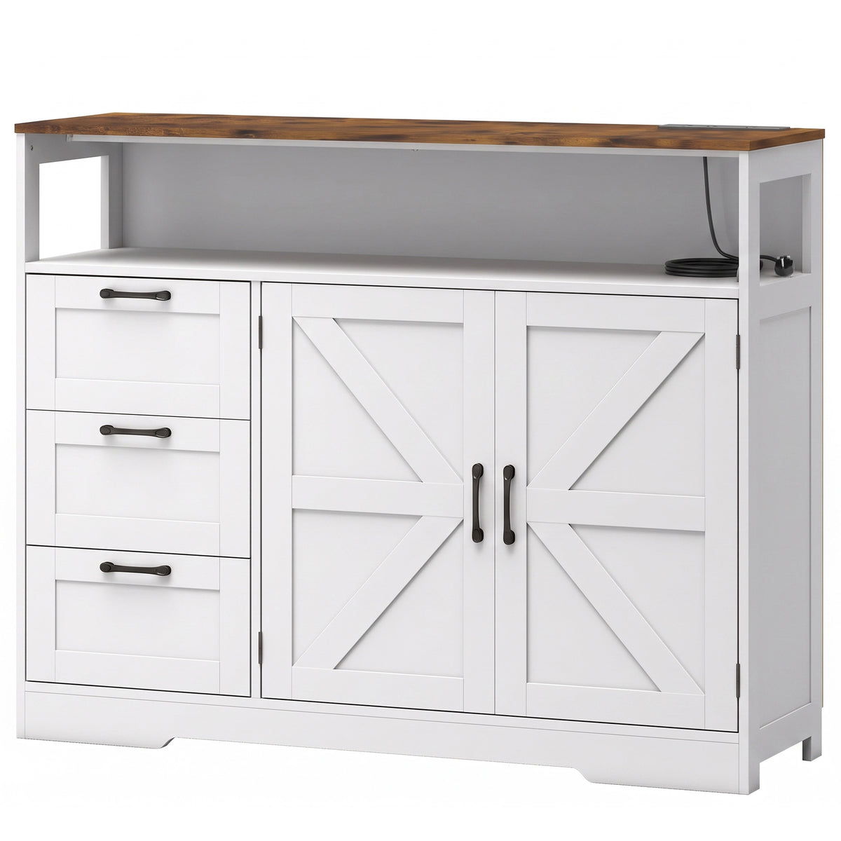 HOMCOM Sideboard Cabinet with Power Outlet, Farmhouse Kitchen Cabinet with 3 Drawers and Open Shelf, White