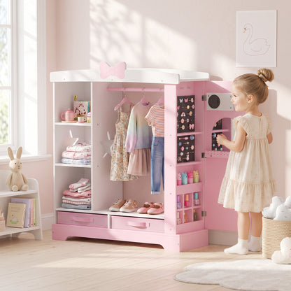 AIYAPLAY Kids Wardrobe with Lighted Mirror, Clothes Rail, Jewelry Cabinet, Shelves, Storage Boxes for Bedroom, Nursery, Pink