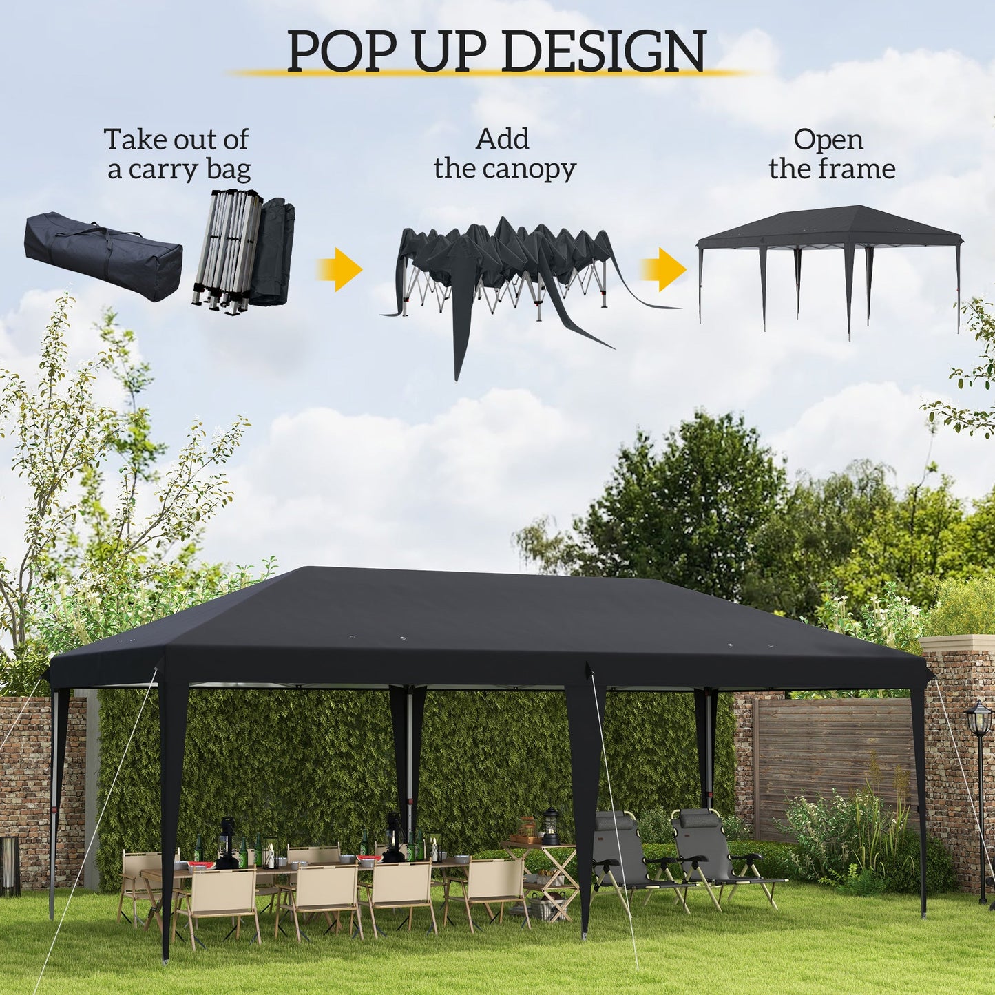 Outsunny Pop Up Gazebo 3 x 6m, składany namiot z baldachimem, regulowana wysokość markizy ślubnej z torbą transportową, czarny