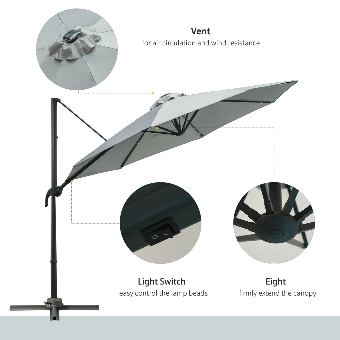 Outsunny 3(m) LED Cantilever Parasol ogrodowy z podstawą krzyżową i lampami solarnymi Szary