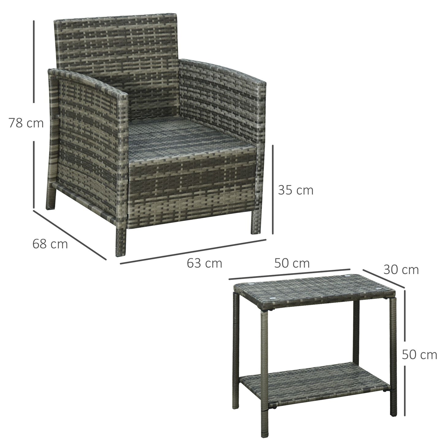 Outsunny Garden Rattan Furniture 3 قطع فناء بيسترو مجموعة كرسي أريكة وطاولة منسوجة من الخيزران مع وسادة وسادة - رمادي