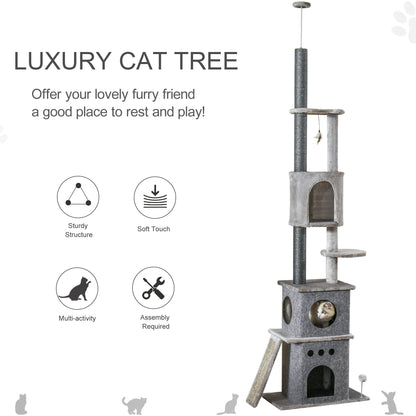 PawHut 255cm Floor To Ceiling Cat Tree for Indoor Cats Climber Scratching Post Adjustable Height Play Tower Removable Cover Grey