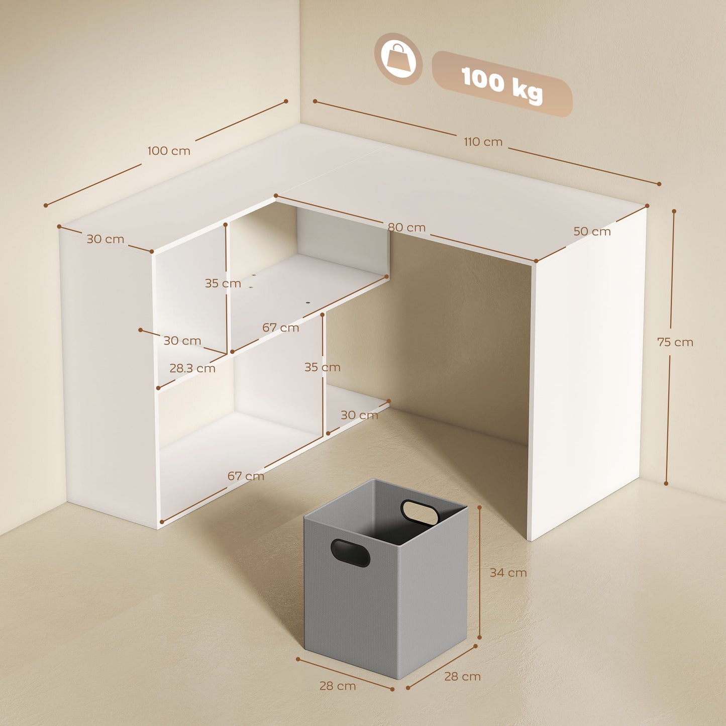 HOMCOM Corner Desk, Computer Desk with Fabric Drawer and Open Compartments, 110 x 100 x 75 cm, White