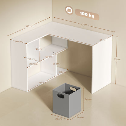 HOMCOM Corner Desk, Computer Desk with Fabric Drawer and Open Compartments, 110 x 100 x 75 cm, White
