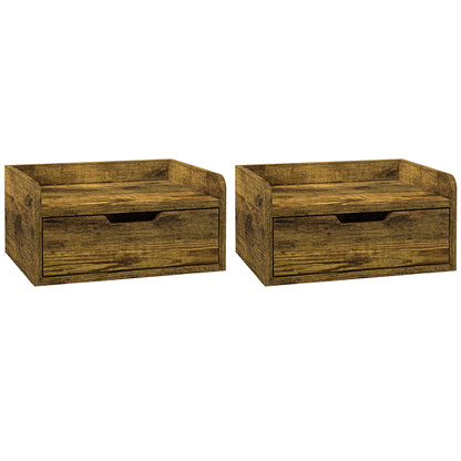 HOMCOM Floating Nightstand Set of 2 Wall Mounted Bedside Table with Storage Drawer for Bedroom, Rustic Brown