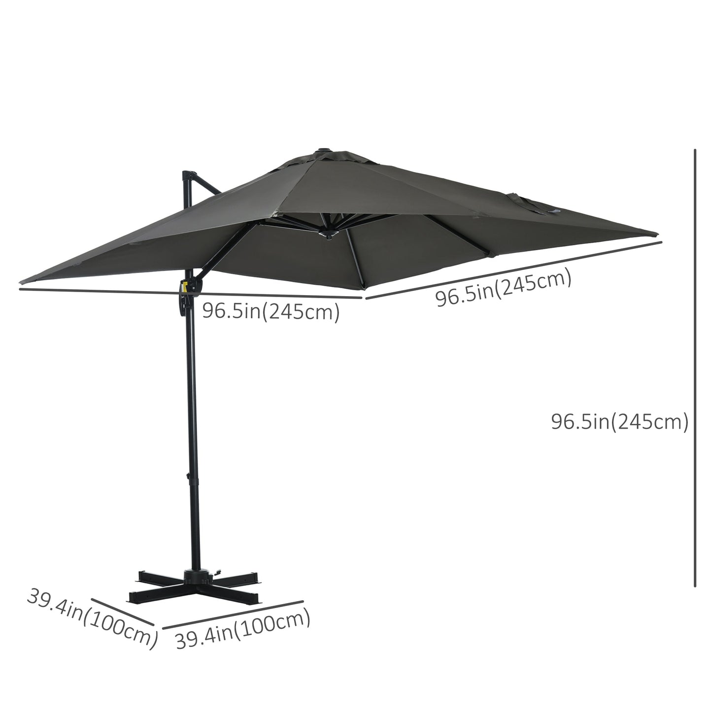 Outsunny 2.5 x 2.5m Patio Offset Parasol Umbrella Cantilever Hanging Aluminium Sun Shade Canopy Shelter 360 Rotation with Crank Handle and Cross Base, Grey