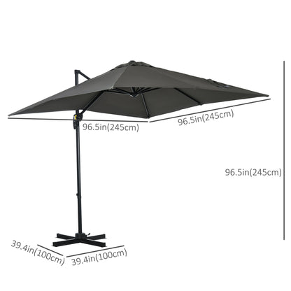 Outsunny 2.5 x 2.5m Patio Offset Parasol Umbrella Cantilever Hanging Aluminium Sun Shade Canopy Shelter 360 Rotation with Crank Handle and Cross Base, Grey
