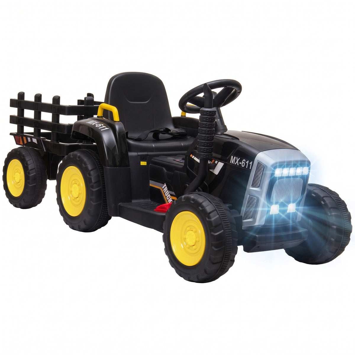 HOMCOM 12V Kids Ride on Tractor with Detachable Trailer, Remote, Soft Start, Seat Belt, Music, USB, Horn, Lights for 3-6, Black