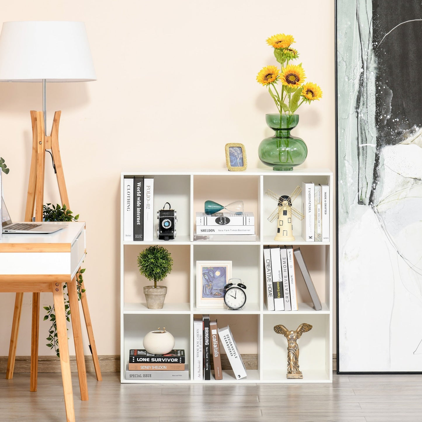 HOMCOM 3-tier 9 Cubes Storage Unit Particle Board Cupboard Bookcase Organiser Home Office Shelves, White