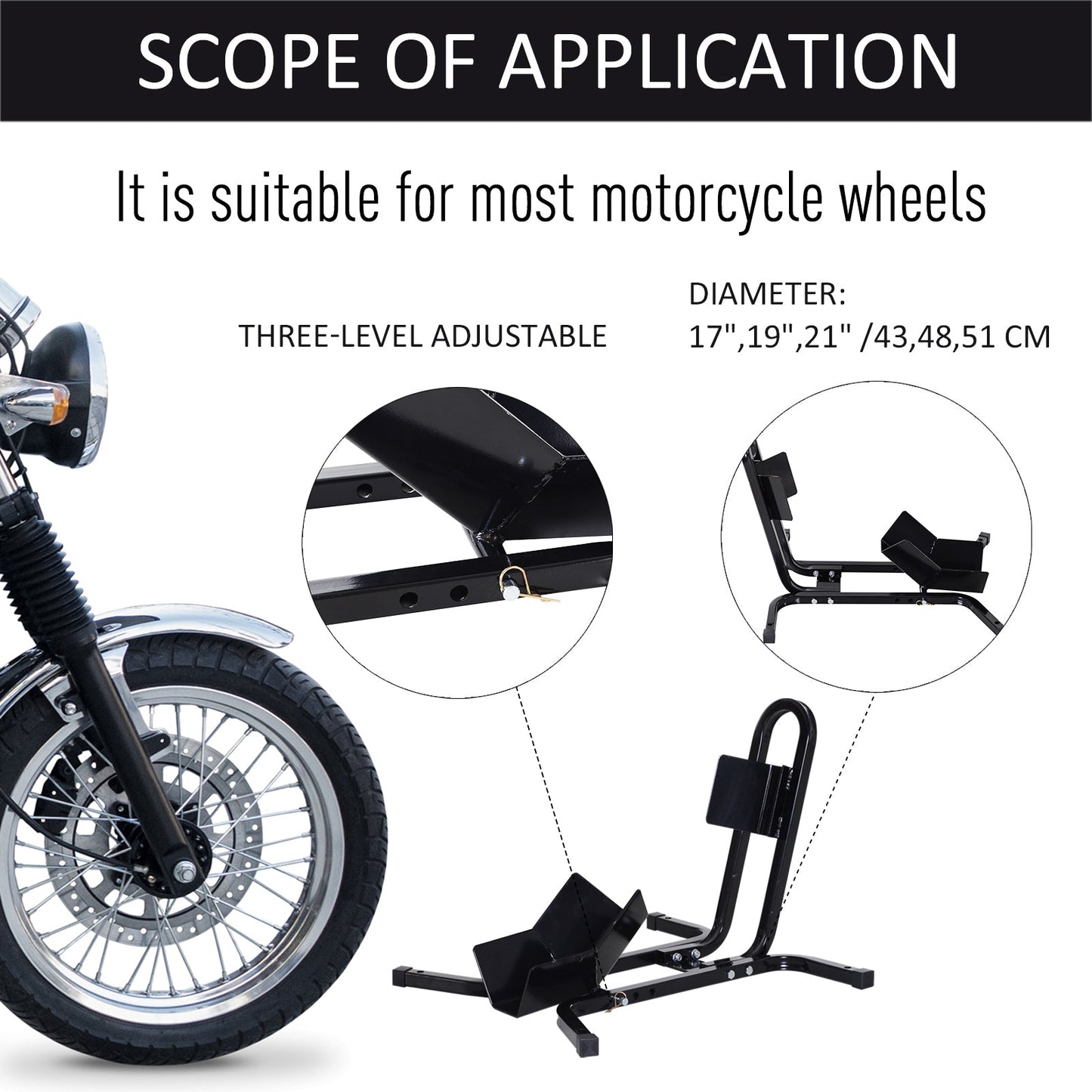 HOMCOM Metalowy motocyklowy klin blokujący pod koła System 17√¢‚Ç¨¬ù,19√¢‚Ç¨¬ù,21√¢‚Ç¨¬ù/43,48,51 Cm Koła przednie Stalowe Regulowane Mocowanie Uchwytu na Opony