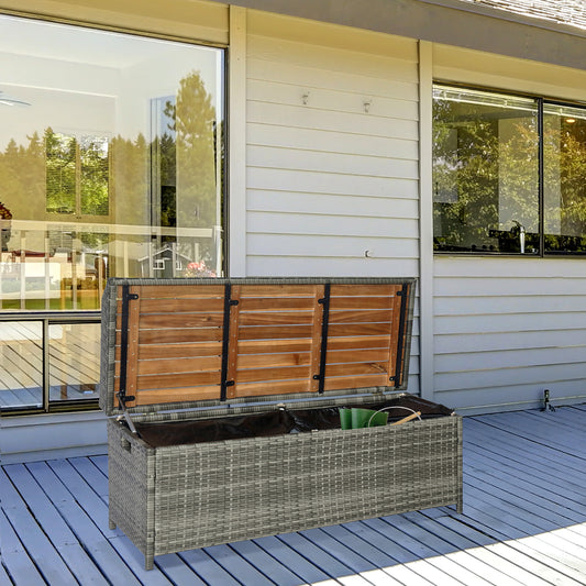 Outsunny Patio Wicker Storage Bench Box, Outdoor Garden PE Rattan Pool Storage Deck Bin Box z blatem z naturalnego drewna, pokrywką, idealny do przechowywania narzędzi, akcesoriów i zabawek, mieszany szary