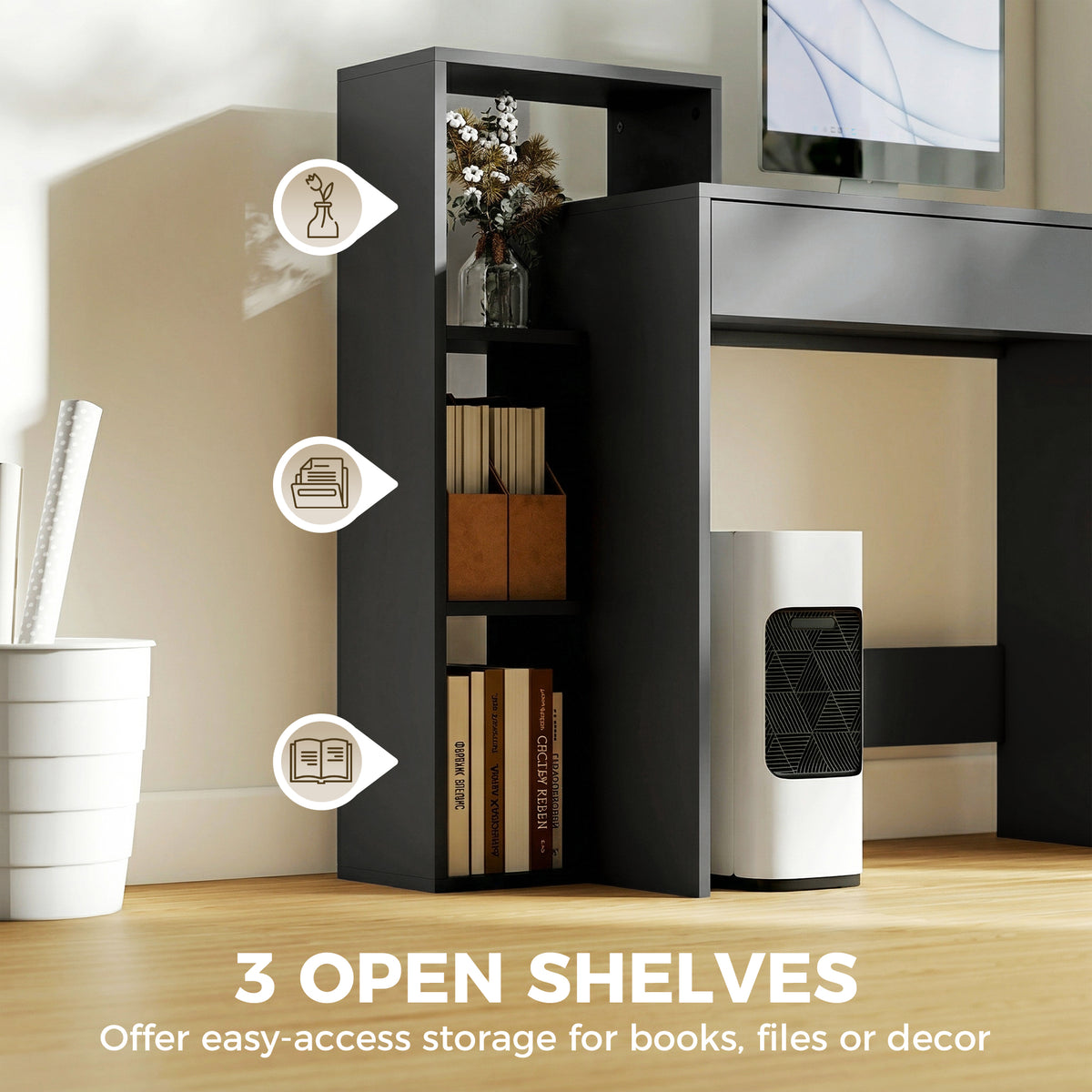 HOMCOM Desk with Storage, Computer Desk with 3 Open Shelves and Drawer, Workstation, Computer Table, Black