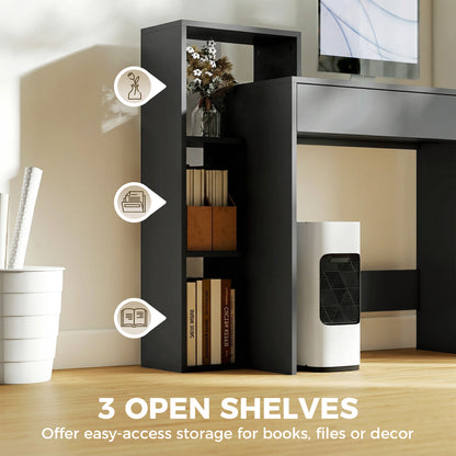 HOMCOM Desk with Storage, Computer Desk with 3 Open Shelves and Drawer, Workstation, Computer Table, Black