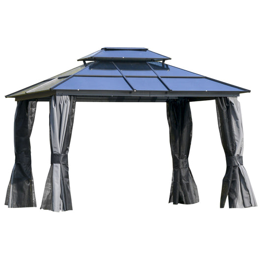 Outsunny 3.6 x 3(m) Polycarbonate Hardtop Gazebo Canopy with Double-Tier Roof and Aluminium Frame, Garden Pavilion with Mosquito Netting and Curtains