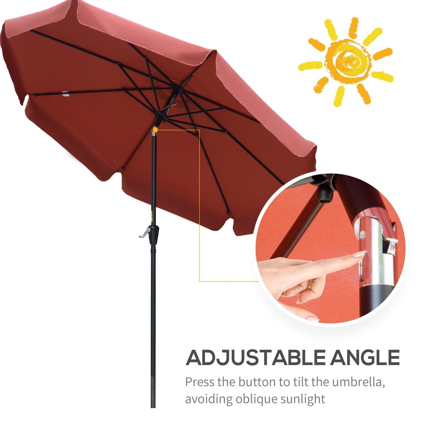 Outsunny 2.7m Patio Parasol Garden Umbrellas Outdoor Sun Shade Table Umbrella with Tilt, Crank, 8 Ribs, Ruffles, Wine Red