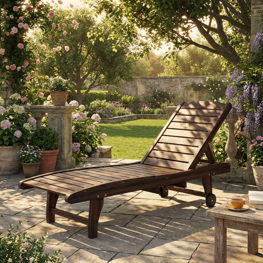 Outsunny Outdoor Wooden Sun Lounger with Built-In Table, Carbonised Finish