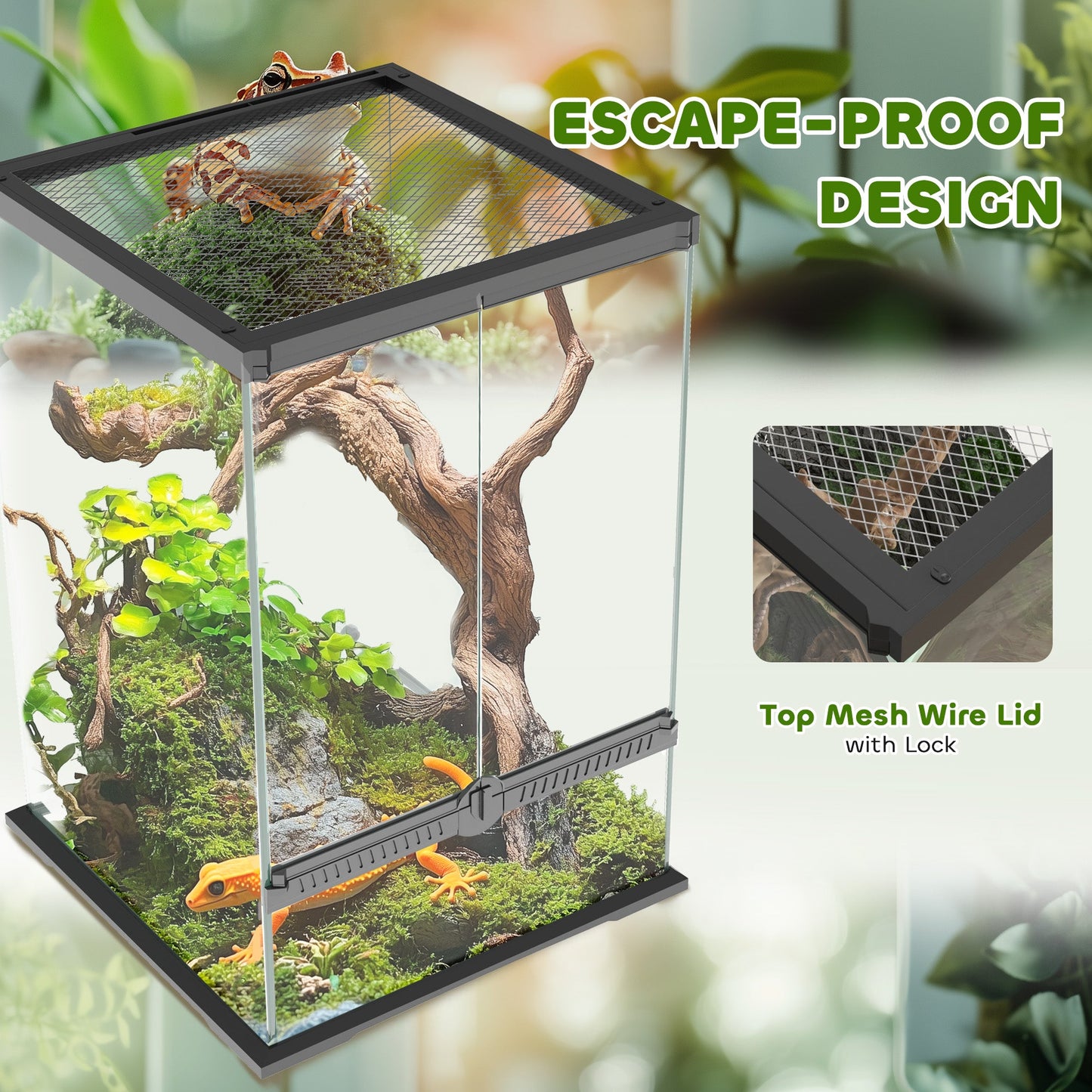 PawHut 40L Vivarium للسحالي والضفادع والثعابين والسلاحف والسلاحف مع تصميم مضاد للهروب والتهوية