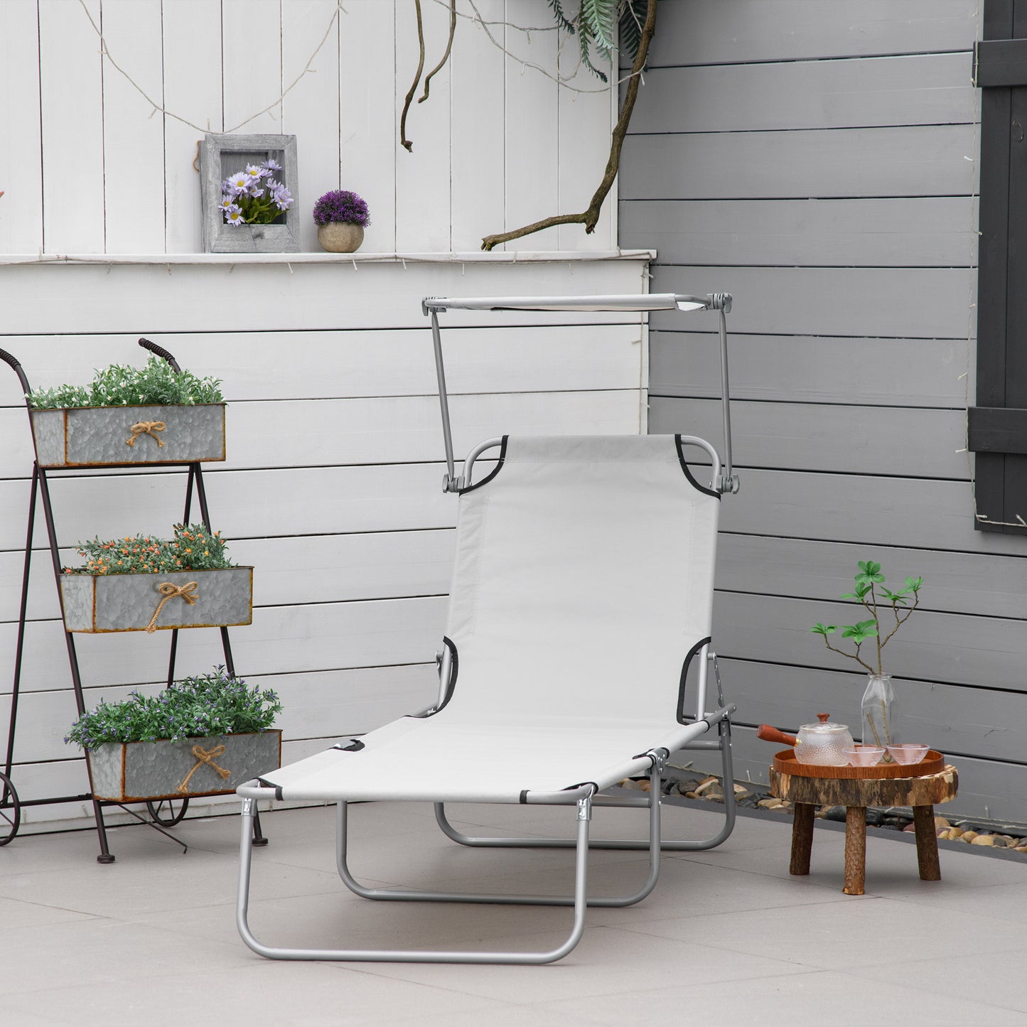 Outsunny Outdoor składany leżak słoneczny, 4-poziomowy regulowany oparcie, leżak słoneczny z markizą przeciwsłoneczną z regulacją kąta nachylenia, na plażę, do ogrodu, na patio, jasnoszary