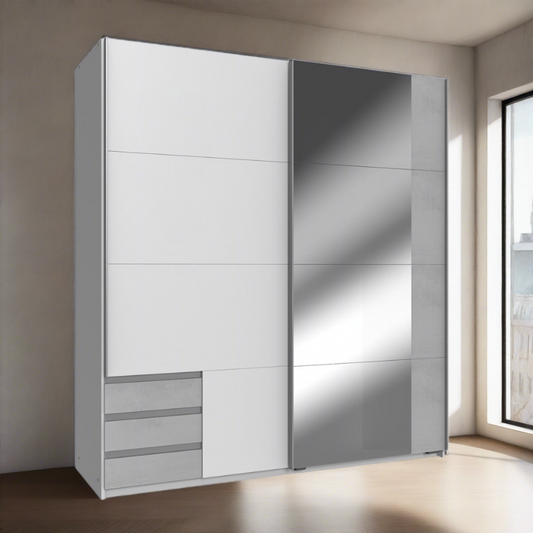 Amber Mirrored Sliding Wardrobe - White And Concrete