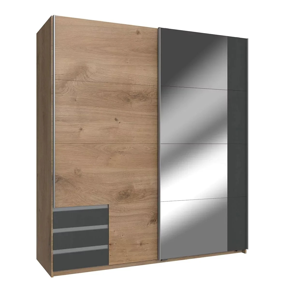 Amber Mirrored Sliding Wardrobe - Planked Oak and Graphite