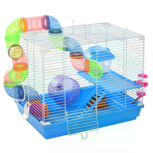 Pawhut 2 Tier Hamster Cage Carrier Habitat Small Animal House with Exercise Wheels Tunnel Tube Water Bottle Dishes House Ladder for Dwarf, Blue