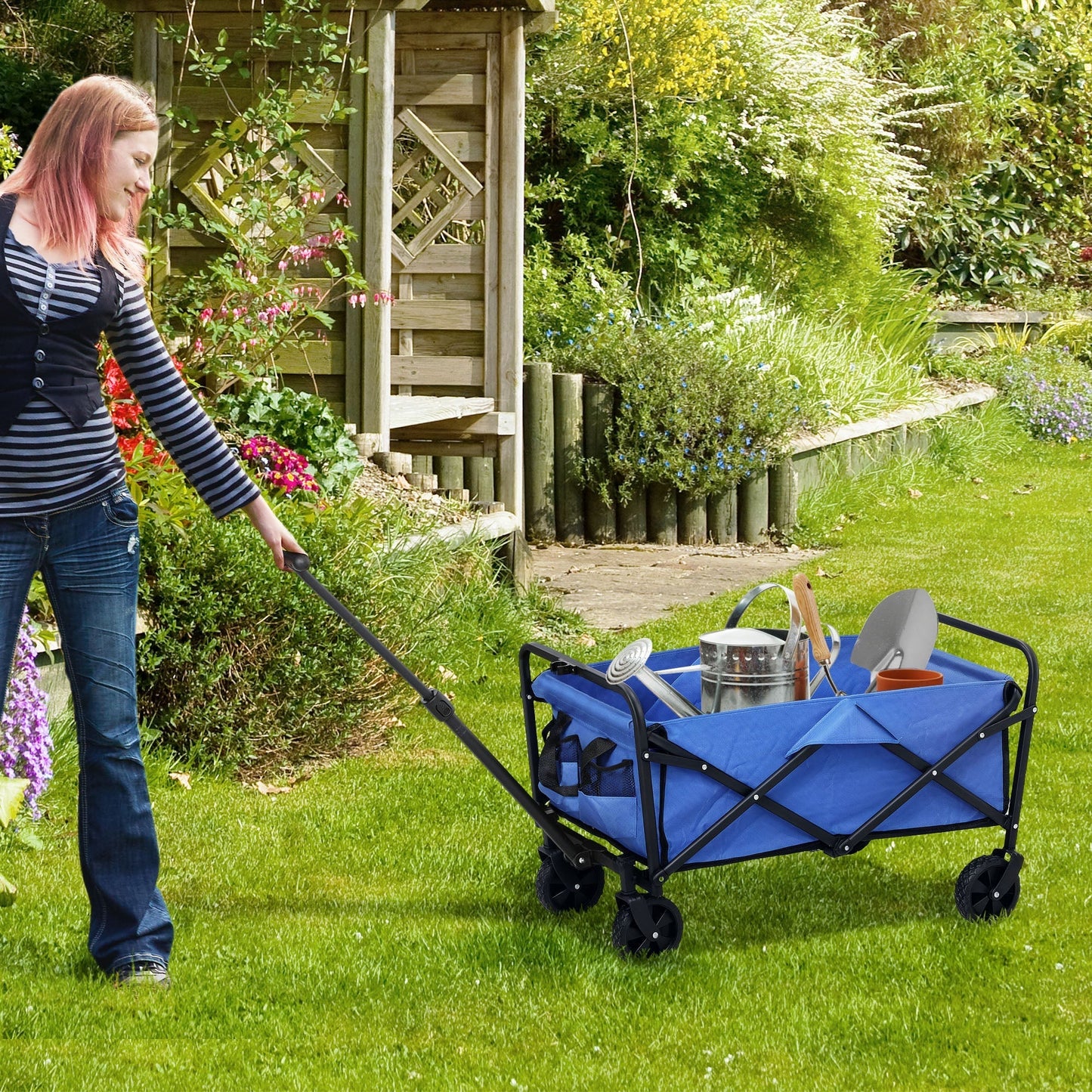 Outsunny 62L Festival Trolley on Wheels, Garden Folding Trolley Cart, 120kg Heavy Duty Collapsible Folding Wagon with Adjustable Handle and Carrying Bag for Beach, Camping, Festival, Blue