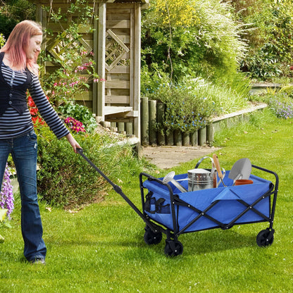 Outsunny 62L Festival Trolley on Wheels, Garden Folding Trolley Cart, 120kg Heavy Duty Collapsible Folding Wagon with Adjustable Handle and Carrying Bag for Beach, Camping, Festival, Blue