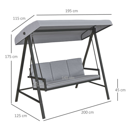 Outsunny 3 Seater Garden Swing Chair, Outdoor Hammock Bench with Adjustable Canopy, Removable Cushions and Steel Frame, Grey