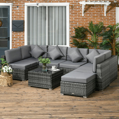 Zestaw mebli ogrodowych Outsunny z 8 narożnymi sofami z rattanu PE, zestaw mebli ogrodowych, sofa z wikliny ogrodowej z poduszką, zmywalnym pokrowcem na poduszkę i stolikiem ze szkła hartowanego, kolor szary