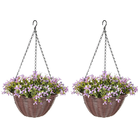 HOMCOM Artificial Flowers in Basket Set of 2, Artificial Hanging Baskets with 75 Leaves and 15 Flowers in Pot, Decorative Plant for Home Office Decor, Purple