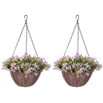 HOMCOM Artificial Flowers in Basket Set of 2, Artificial Hanging Baskets with 75 Leaves and 15 Flowers in Pot, Decorative Plant for Home Office Decor, Purple