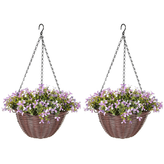 HOMCOM Artificial Flowers in Basket Set of 2, Artificial Hanging Baskets with 75 Leaves and 15 Flowers in Pot, Decorative Plant for Home Office Decor, Purple