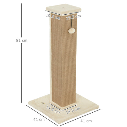PawHut 81cm drapak dla kota, pionowy drapak z naturalną liną jutową, wisząca kula, miękki plusz - beżowy