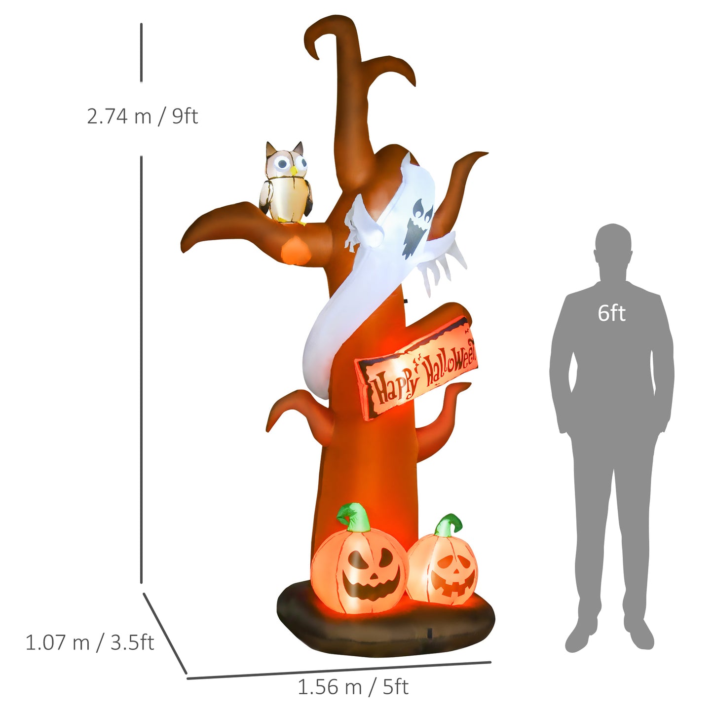 HOMCOM 2.7m Halloween Inflatable Dead Tree with Ghost, Pumpkin and Owl, Blow Up Decorations with Build-in LED Lights for Party Outdoor Garden D√É¬©cor