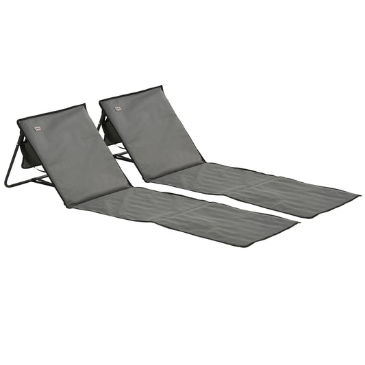 Outsunny Set of 2 Foldable Garden Beach Chair Mat, Outdoor Sun Lounger Seats with Adjustable Back, Magazine Pocket, Carry Bag