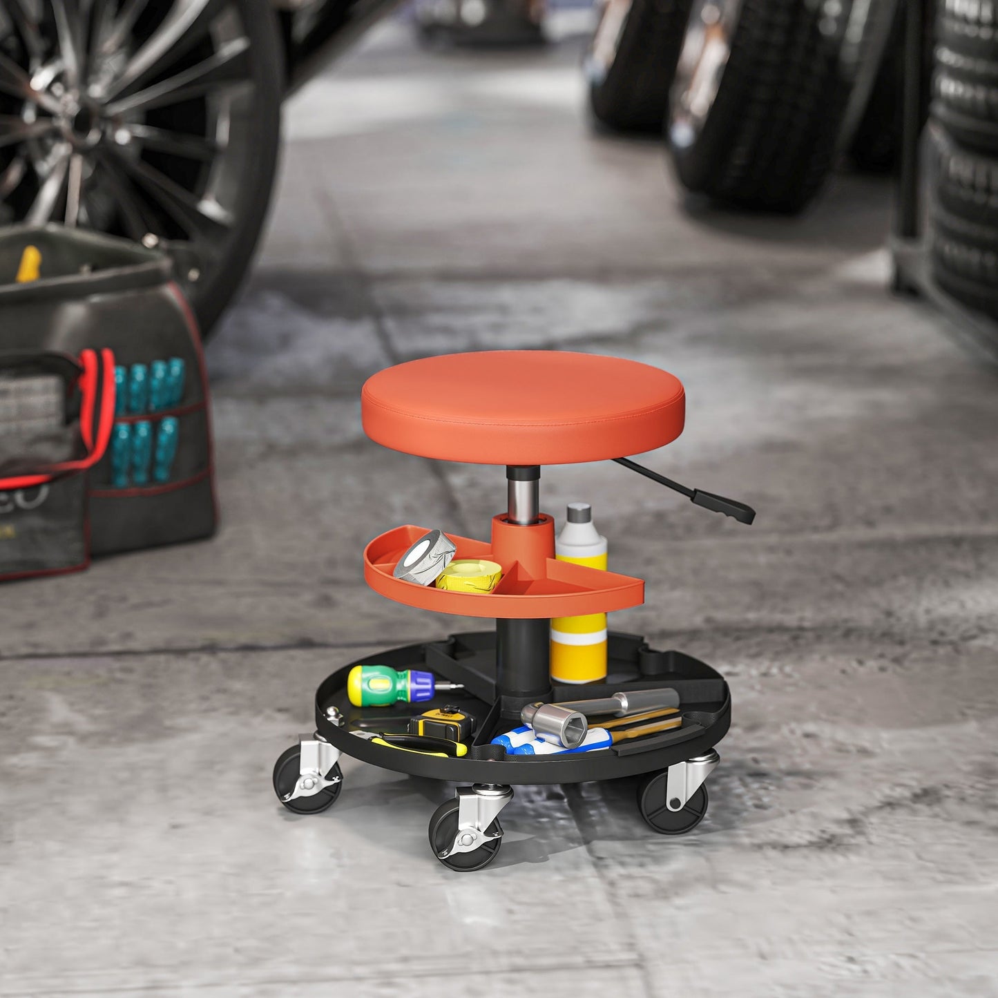 HOMCOM Rolling Mechanic Stool, 135kg Capacity Workshop Stool, 360 Swivel Roller Padded Creeper Seat with Wheels, Tool Trays Storage for Garage, Shop, Auto Repair, Yellow